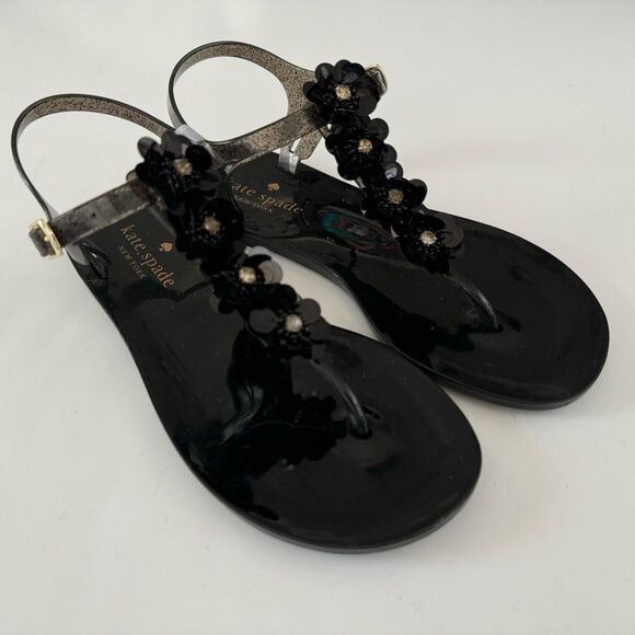 Kate Spade Farrah Black Glitter Jelly Sandals Rhinestones Floral Sz 6 Rubber - Picture 3 of 15